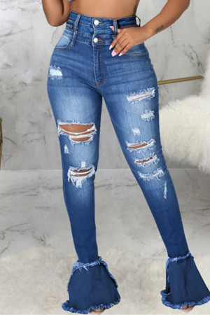 Blue Fashion Casual Solid Patchwork High Waist Ripped Skinny Denim Jeans