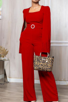 Rode elegante effen patchwork-jumpsuits met vierkante kraag en rechte kraag