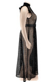 ブラックファッションセクシープラスサイズカジュアルソリッドシースルーベルト付きハーフタートルネックノースリーブドレス（裏地なし）