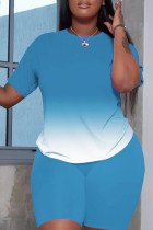 Azul bebê Moda Casual Street Sportswear Gradual O Neck Plus Size Duas Peças