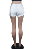 White Casual Solid Patchwork Asymmetrical High Waist Denim Shorts