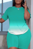 Vert clair Fashion Casual Street Sportswear Changement progressif Solid O Neck Plus Size Two Pieces