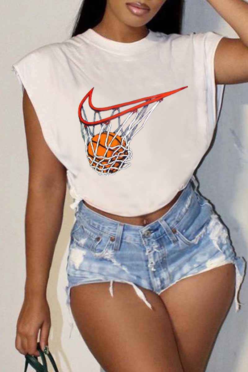 

White Fashion Casual Print Patchwork O Neck T-Shirts
