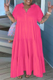 ローズレッドカジュアルソリッドパッチワークフォールドターンダウンカラーストレートプラスサイズのドレス