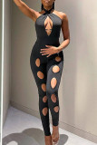 Black Fashion Sexy Solid Hollowed Out Backless Halter Skinny Jumpsuits