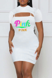 Pink Sexy Print Hollowed Out O Neck Short Sleeve Two Pieces