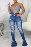 Jeans skinny strappati a vita alta casual blu alla moda