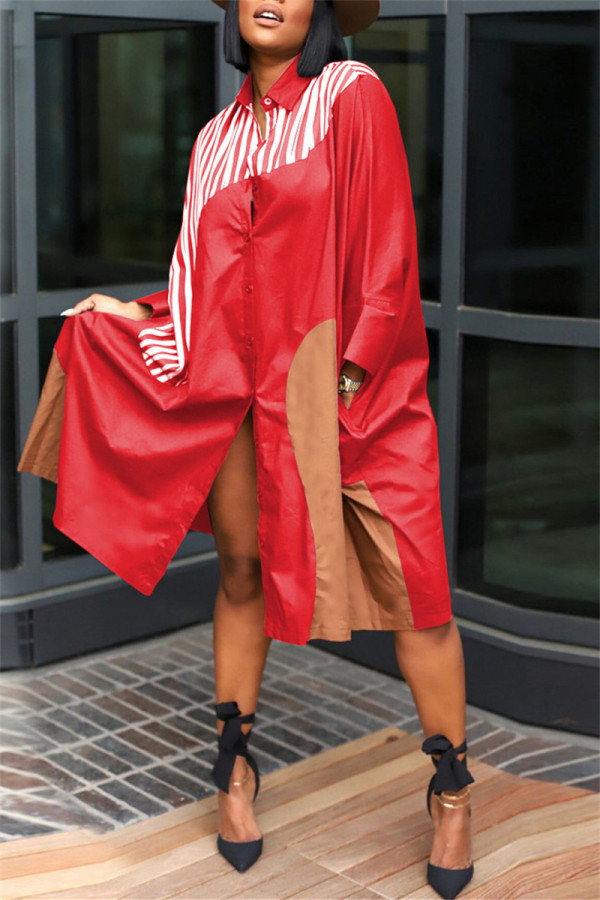 Красное модное повседневное платье-рубашка с отложным воротником и принтом в стиле пэчворк