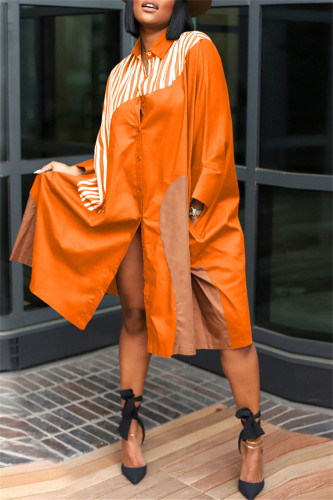 Orange Fashion Casual Print Patchwork Turndown Collar Shirt Dress