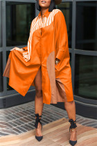 Robe chemise col rabattu patchwork imprimé mode décontractée orange