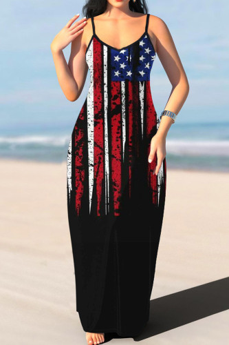 Black Sexy Flag Star Print Patchwork Spaghetti Strap Sling Loose Cami Maxi Dresses