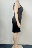 Schwarzes, lässiges Patchwork-Kleid mit U-Ausschnitt, Weste in Übergröße