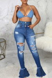 Blauwe mode casual effen gescheurde patchwork hoge taille skinny denim jeans