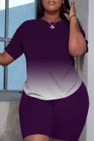 Purple Fashion Casual Sportswear Gradual Change O Neck Short Sleeve Two Pieces