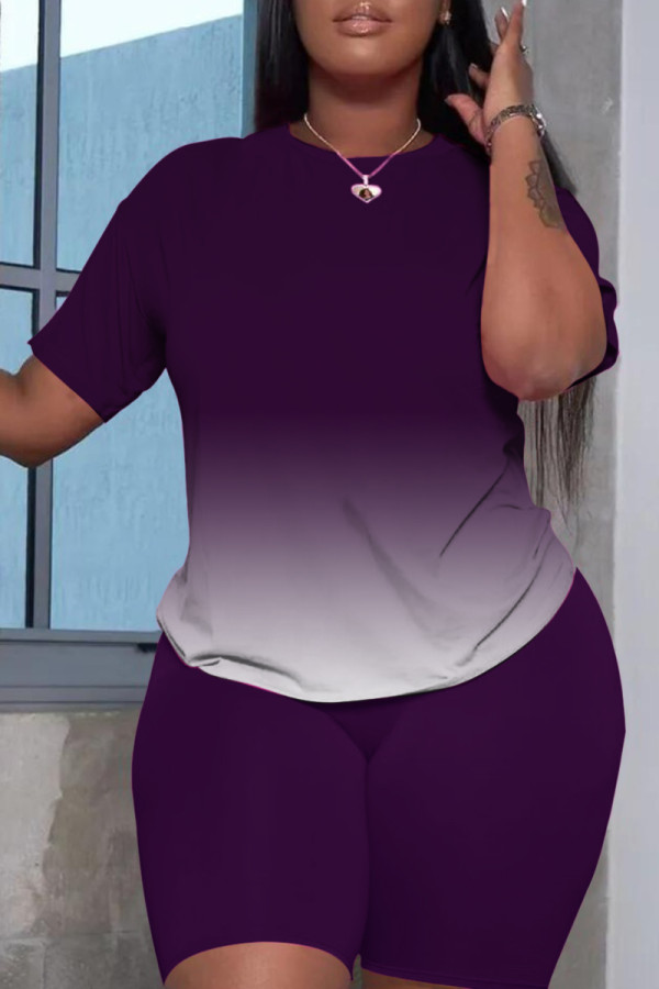 Фиолетовая модная повседневная спортивная одежда с постепенным изменением O-образным вырезом с коротким рукавом из двух частей