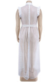 Weiß Mode Sexy Plus Size Lässig Solide Durchsichtig Mit Gürtel Half A Rollkragen Ärmelloses Kleid (Ohne Futter)