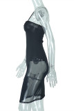 Vestido preto fashion sexy patchwork sólido transparente sem costas alça de espaguete sem manga