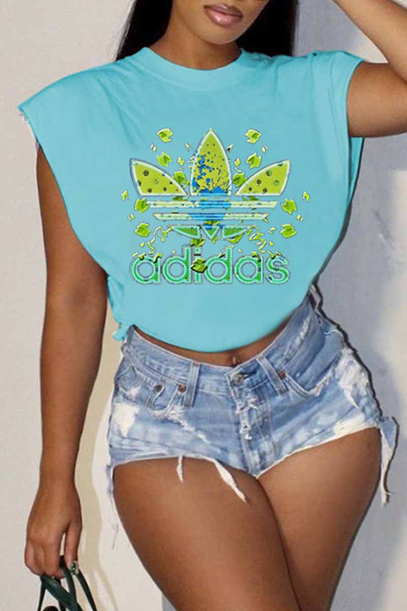 

Baby Blue Fashion Casual Print Letter O Neck T-Shirts