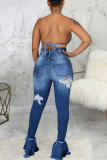 Blue Fashion Casual Solid Patchwork High Waist Ripped Skinny Denim Jeans