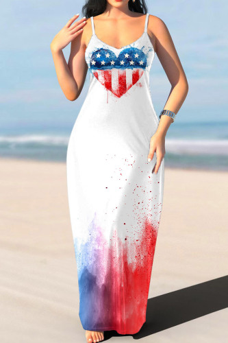 White Sexy Flag Star Print Patchwork Spaghetti Strap Sling Loose Cami Maxi Dresses