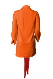 Tangerine Röd Mode Casual Solid Metal Accessoarer Dekoration Med rosett Turndown krage Skjorta Klänning Klänningar