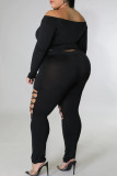 Black Sexy Solid Bandage Hollowed Out Patchwork Off the Shoulder Plus Size Two Pieces