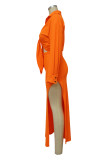 Orange Fashion Sexy Solid Bandage Slit Turndown Collar Long Sleeve Two Pieces