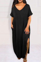 Schwarzes, lässiges, solides Patchwork-Schlitz mit V-Ausschnitt, T-Shirt-Kleid, Kleider in Übergröße