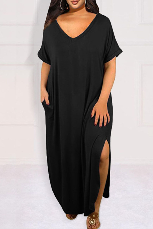 Vestido preto casual patchwork sólido com fenda decote em v vestidos plus size