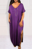 Фиолетовое повседневное сплошное лоскутное платье-футболка с разрезом и V-образным вырезом Платья больших размеров