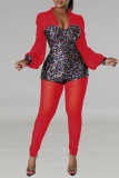 Red Fashion Sexy Patchwork Pailletten Durchsichtige Skinny Jumpsuits mit V-Ausschnitt