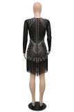 Black Fashion Sexy Patchwork Hot Drilling Tassel See-through O Neck Long Sleeve Dresses