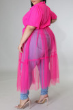 タンジェリンレッドカジュアルソリッドパッチワークバックルターンダウンカラープラスサイズのドレス