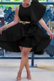 ローズレッドエレガントなソリッドパッチワークフラウンスアシンメトリーOネックワンステップスカートドレス