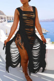 Dark Brown Sexy Solid Tassel Hollowed Out Patchwork Asymmetrical Swimwears Cover Up