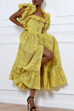 Gele mode casual print patchwork vierkante kraag korte mouw jurk