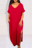 Vestido t-shirt roxo casual patchwork sólido com fenda decote em v vestidos plus size