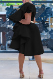 ブラックエレガントソリッドパッチワークフラウンスアシンメトリーOネックワンステップスカートドレス