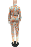 オレンジファッションプリントパッチワークターンダウンカラー長袖ツーピース