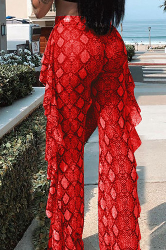 Red Sexy Print Patchwork Flounce Straight High Waist Straight Full Print Bottoms