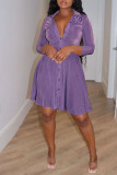 Фиолетовые повседневные однотонные платья трапециевидной формы с отложным воротником и пряжкой в ​​стиле пэчворк