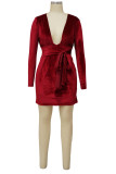 Бордовые сексуальные сплошные повязки в стиле пэчворк с V-образным вырезом юбка-карандаш платья
