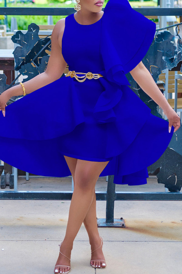 ブルーのエレガントなソリッドパッチワークフラウンスアシンメトリーOネックワンステップスカートドレス