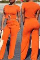 Oranje Melk Zijde Mode volwassen Europa en Amerika Mevrouw Effen Tweedelige Pakken Losse Korte Mouw Twee Stukken
