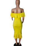 Amarillo dulce sólido patchwork volante fuera del hombro un paso falda vestidos