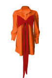 Tangerina Vermelho Moda Casual Acessórios de Metal Sólido Decoração Com Laço Gola Aberta Vestidos Camisa Vestidos