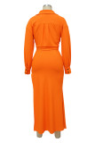 オレンジ色のファッションセクシーな固体包帯スリットターンダウンカラー長袖XNUMXピース