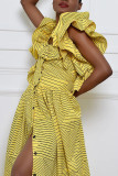 Gult Mode Casual Print Patchwork fyrkantig krage kortärmad klänning