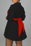 Negro Rojo Moda Casual Accesorios de metal sólido Decoración con lazo Turndown Collar Camisa Vestido Vestidos