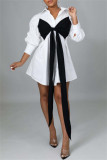 黒のファッションカジュアルソリッドメタルアクセサリーデコレーションボウターンダウンカラーシャツドレスドレス